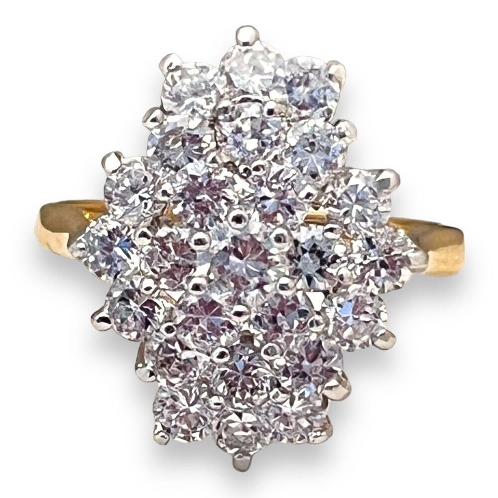 Vintage 1980s Ring Size 6 CZ Cluster Cocktail Gold Plated Band - 14H